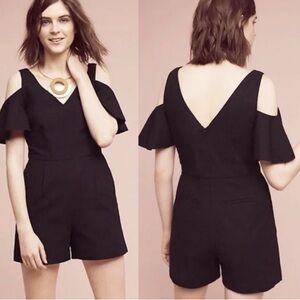 Anthropologie Elevenses Open Shoulder 100% Cotton Black Romper Sz 8
